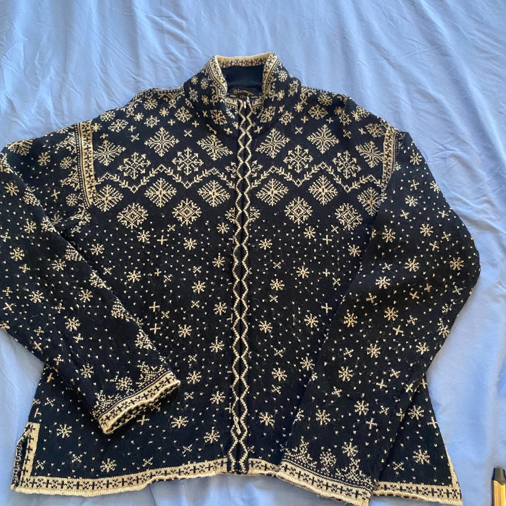 Vtg. Obermeyer Signature Sz. L 100% Wool Black & Tan Nordic Zip Up Cardigan